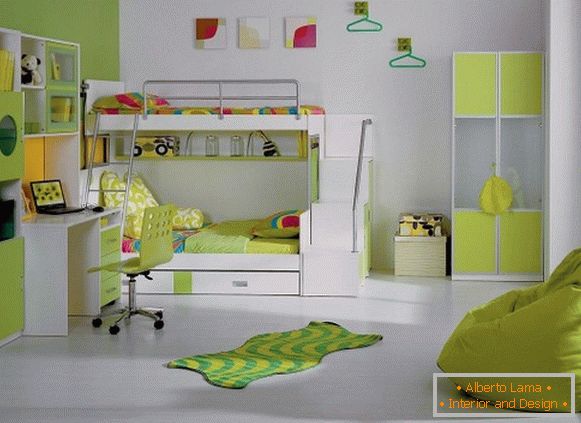 Moderní design interiéru dětské ložnice v světle zelené barvě