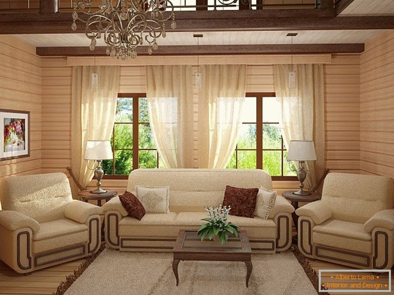 Obývací pokoj v domě z řeziva