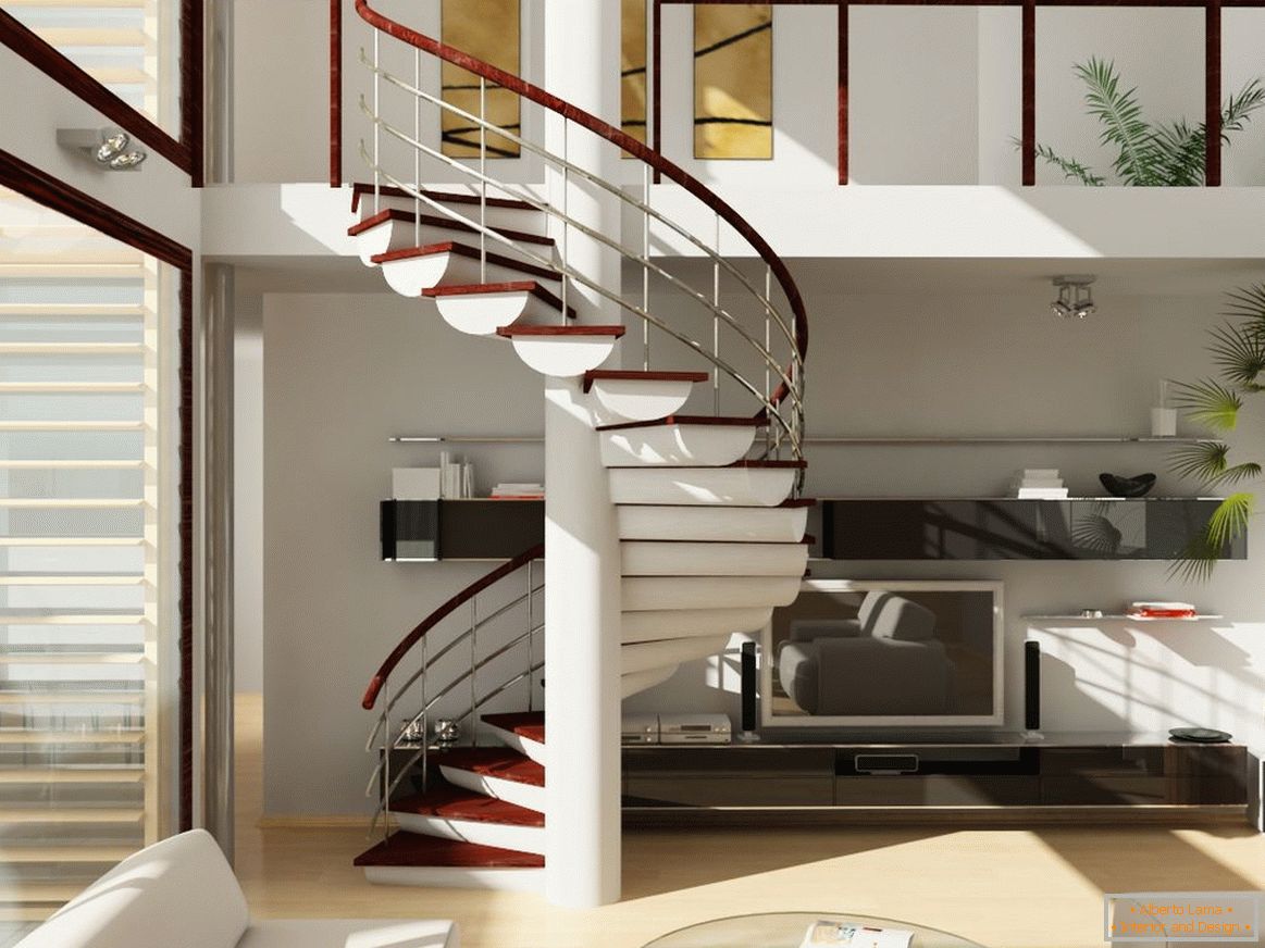Obývací pokoj se točitým schodištěm