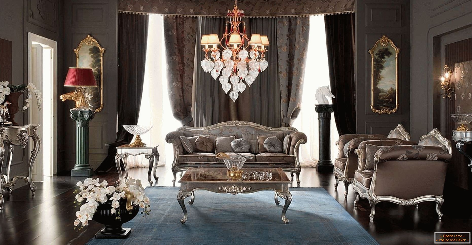 Návrh obývacího pokoje v tmavé barvě v klasickém stylu