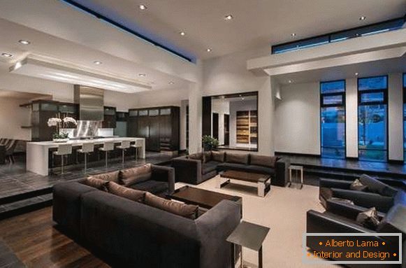Interiér velké obývací pokoj kuchyně v designu soukromého domu