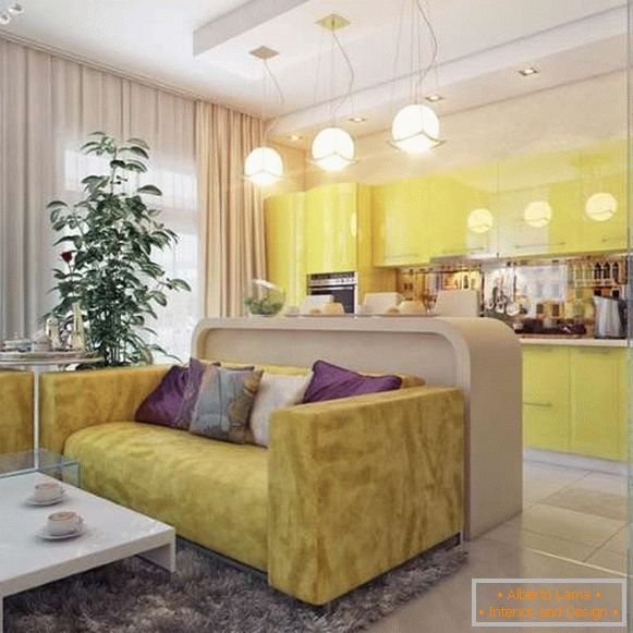 Interiér kuchyně v obývacím pokoji - jak vizuálně rozdělit barový pult a světla
