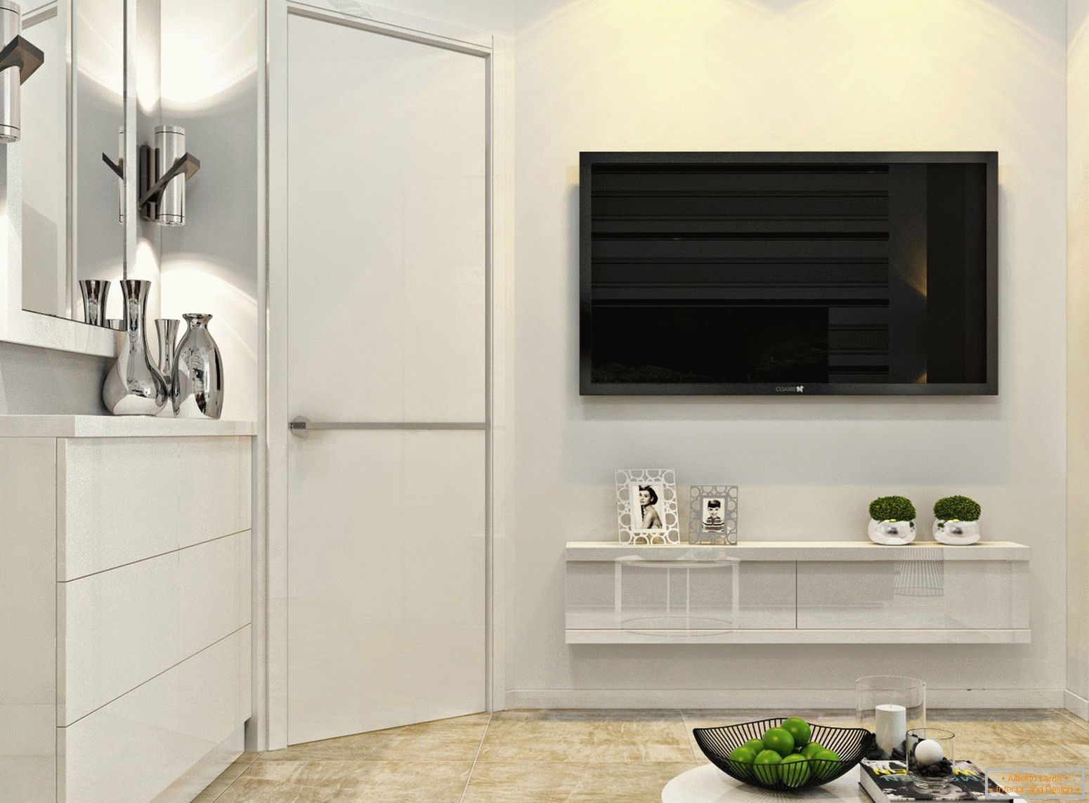 Televizor na stěně ve vnitřku bílého minimalismu