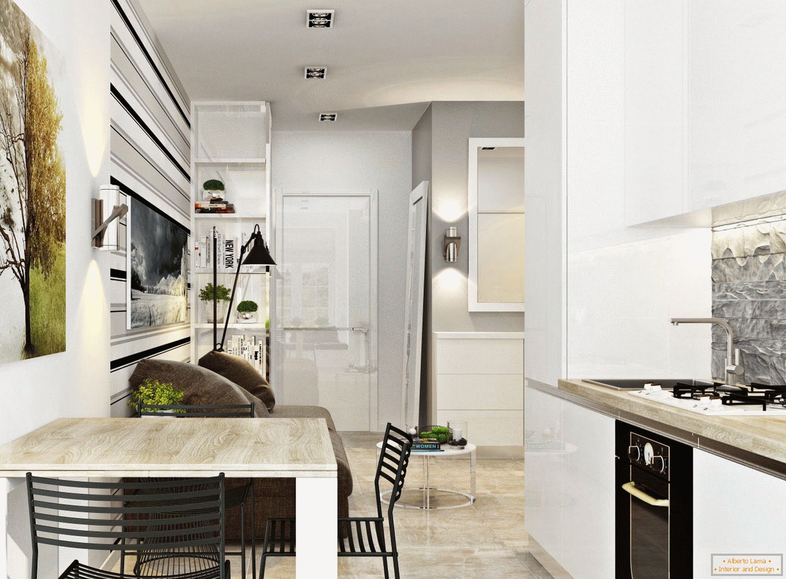 Interiér kuchyně a jídelny ve stylu bílého minimalismu