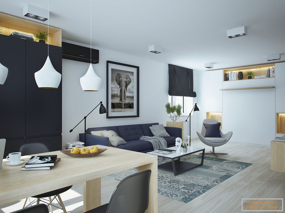 Interiér malého bytu v kontrastních barvách - гостиная
