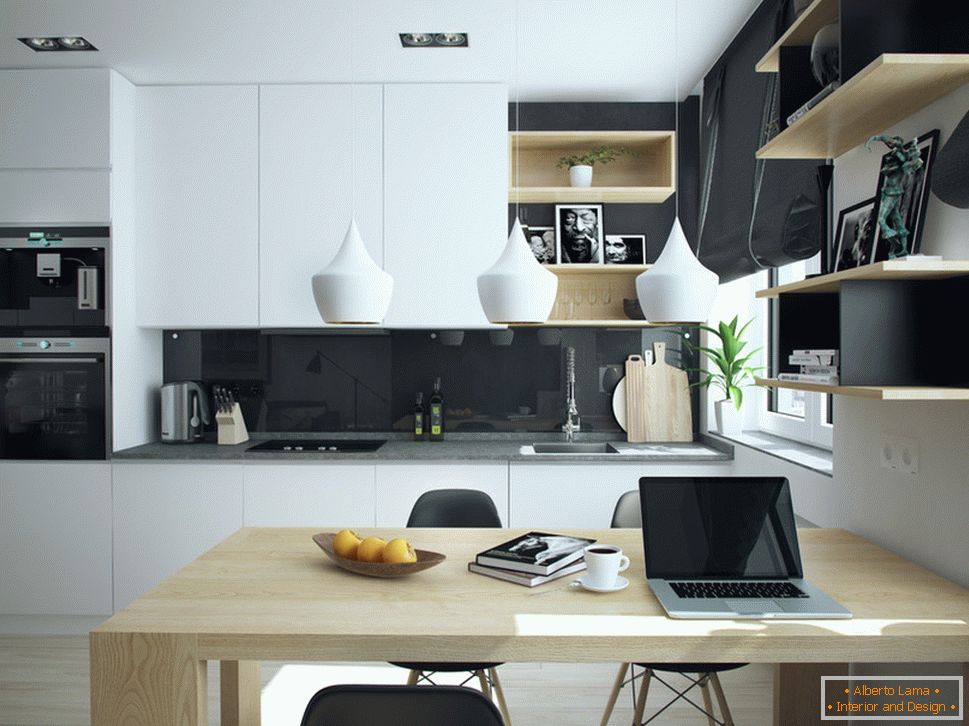 Interiér malého bytu v kontrastních barvách - кухня