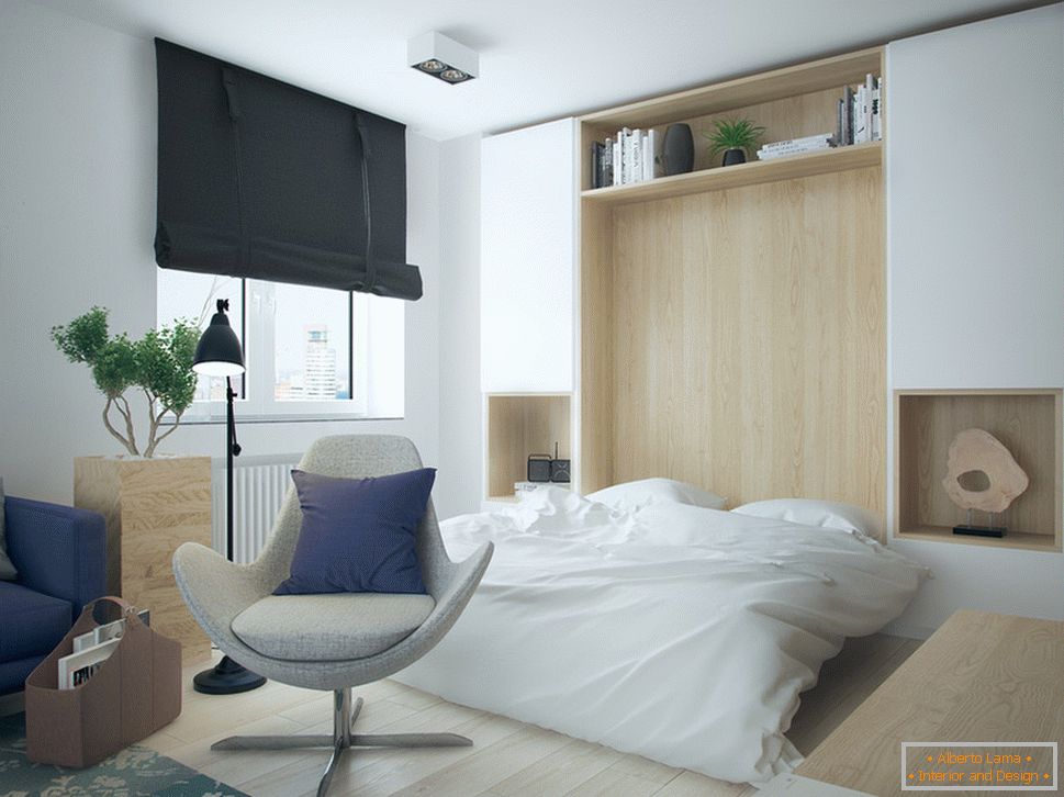 Interiér malého bytu v kontrastních barvách - спальня