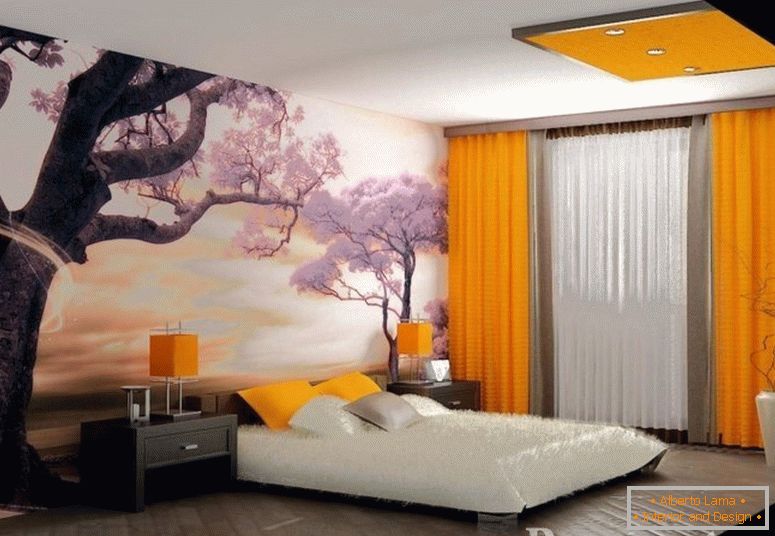 Foto tapety se sakurou a oranžovými závěsy v ložnici