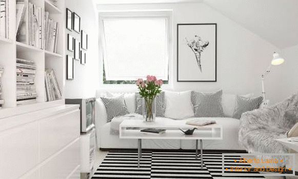 Bílý obývací pokoj ve stylu high-tech