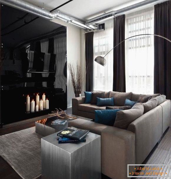 Vysoce technický styl v interiéru obývacího pokoje na fotografii