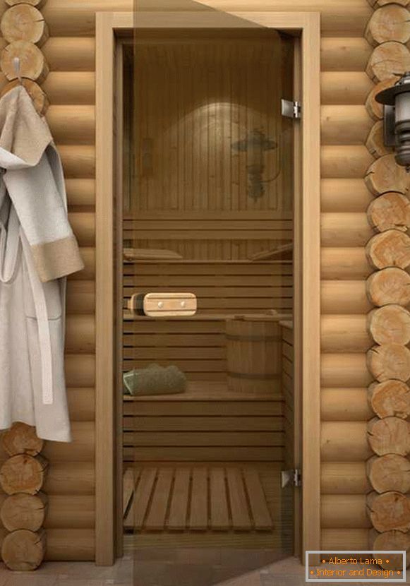 Průhledné skleněné dveře pro vanu s dřevěnou rukojetí