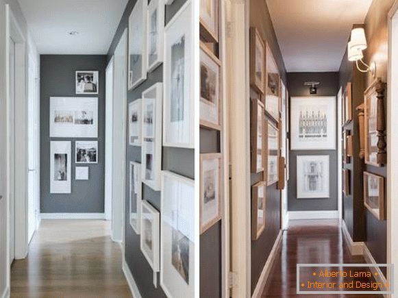 Návrh úzké chodby v bytě s fotografiemi a malbami na stěnách