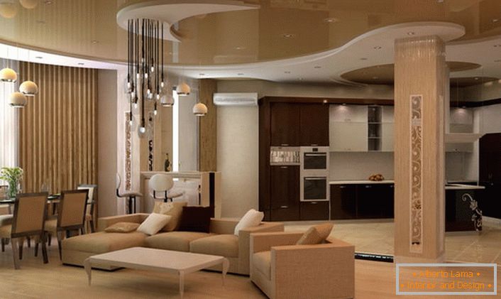 Zajímavá možnost osvětlení pro obývací pokoj v moderním stylu. Charakteristickým rysem interiérů v moderním stylu jsou lesklé povrchy, například dvoustupňový strop.
