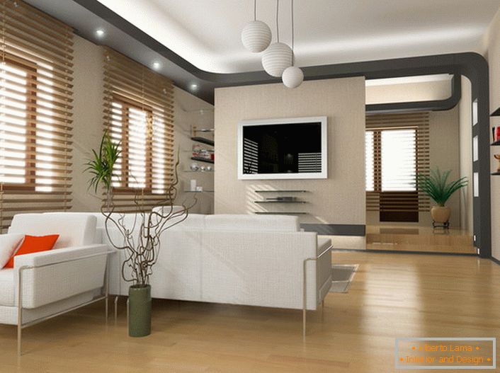 Prostorný obývací pokoj v secesním stylu je pozoruhodný díky svému zónovému osvětlení.