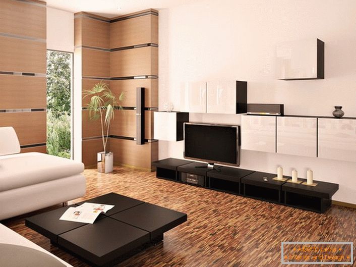 Stylový moderní pokoj v bílé a světle béžové barvě je vyzdoben nábytkem z tmavého dřeva.