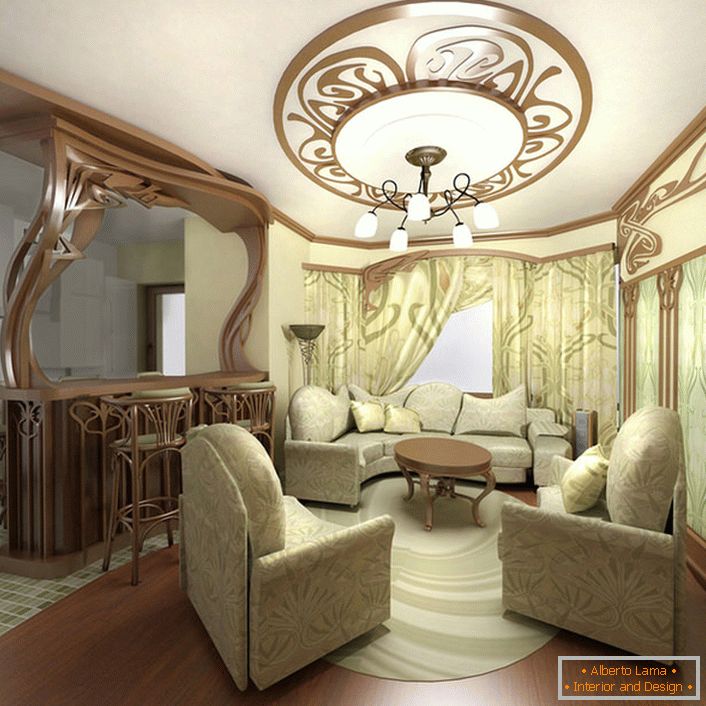Vynikající nábytek pro malý obývací pokoj v secesním stylu v městském bytě v Moskvě.