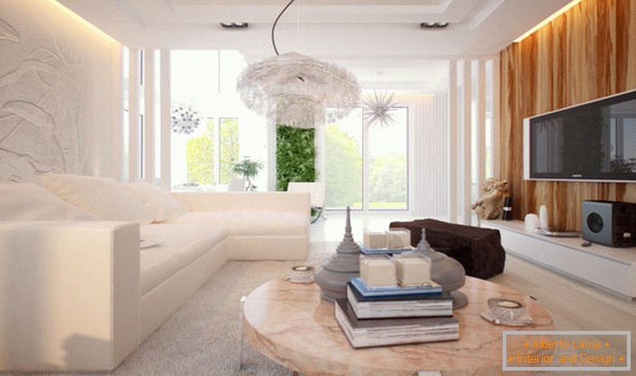 Interiér obývacího pokoje v moderním high-tech stylu. Minimální pestrobarevná výzdoba, moderní technologie a design futuristické výzdoby. 
