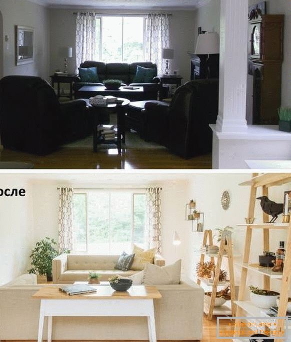 Uspořádání nábytku v obývacím pokoji před a po směně