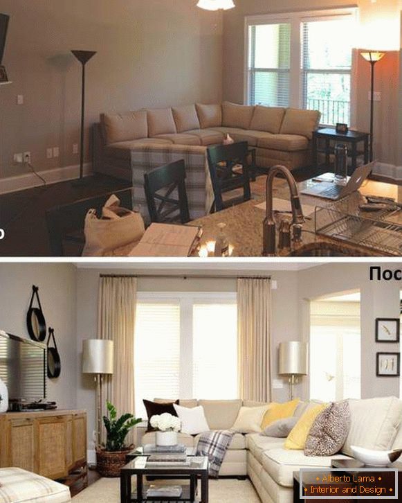 Varianty uspořádání nábytku v salonu na fotografii před a po