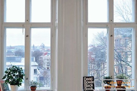 Okenní dekorace s knihami a vnitřními rostlinami
