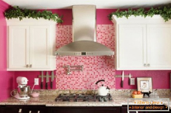 Růžové stěny a černobílý nábytek v kuchyni