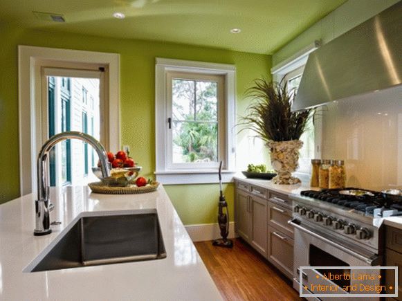 Kuchyňský design se zelenými stěnami a stropy