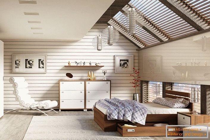 Ložnice v podkroví ve skandinávském stylu je zdobena modulárním nábytkem.