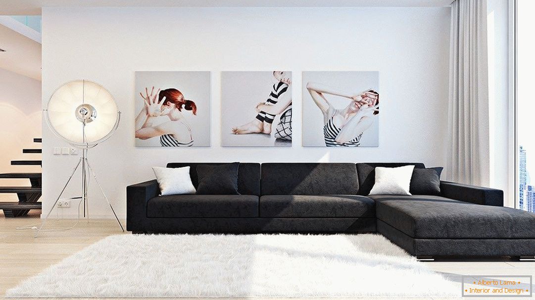 Obývací pokoj v minimalistickém stylu s obrazy