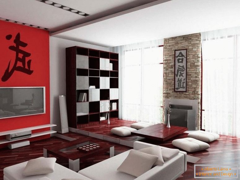Prostorný obývací pokoj v červené a bílé barvě