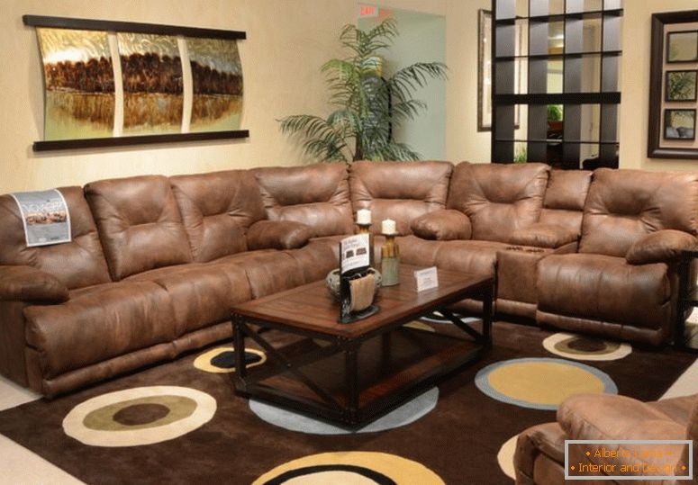 úžasné-tmavě-hnědé-dřevo-cool-design-nábytek-komfortní obývací pokoj-kůže-l-tvar-pohovka-stůl-noční lampa-interiér-at-livi hnědý-obývací pokoj-gauč domů-dekorace -home-dekor-vintage-decorati