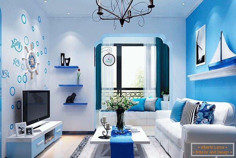 Obývací pokoj s modrým interiérem