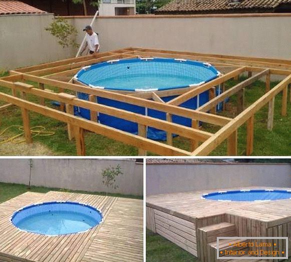 Malý kostrový bazén s dřevěným pódiem
