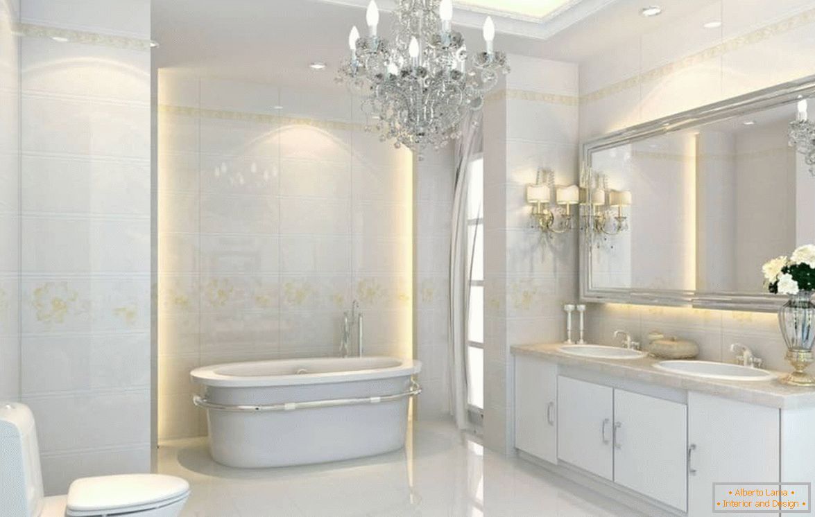 Návrh koupelny v bílé barvě v neoklasicistním stylu