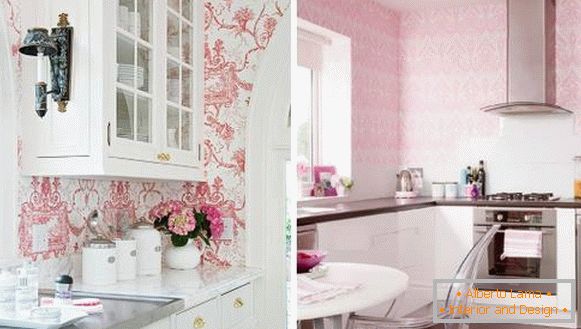 Růžová kuchyně s tapetami na stěnách