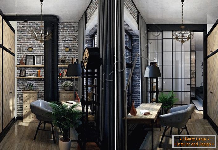 Stylové řešení pro kancelář. Loft style je zajímavá výzdoba interiéru. Moderní nábytek vypadá ziskově na pozadí drsné úpravy šedé cihly. 