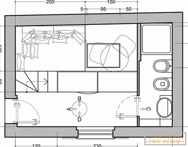 Dispozice druhé úrovně malého garsoniéra v Miláně