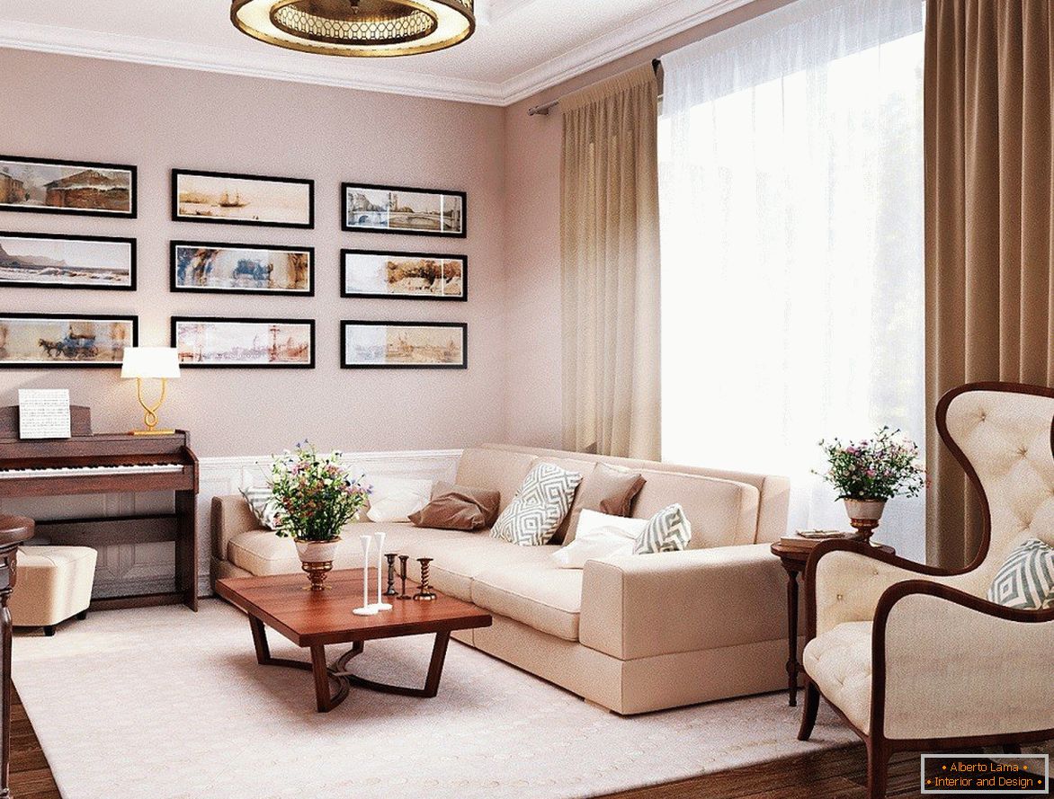 Klasický interiér obývacího pokoje v béžových tónech