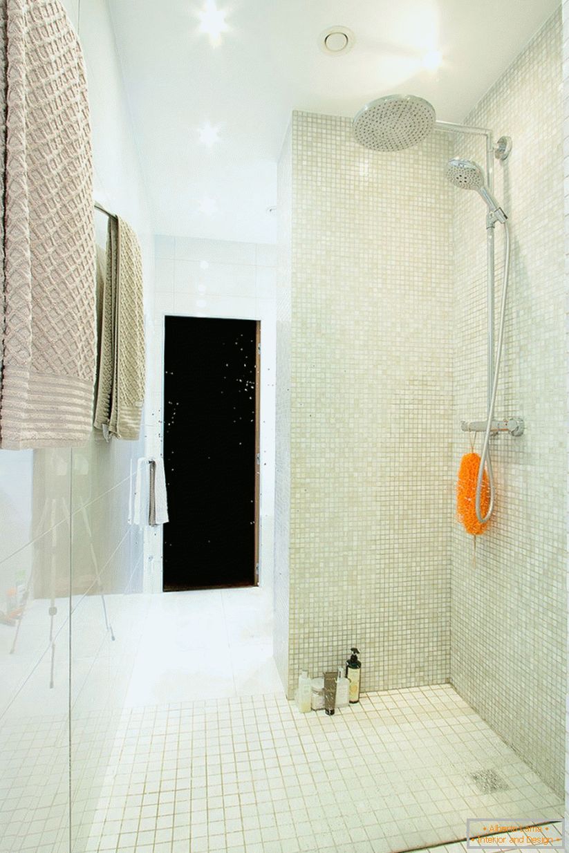 Vnitřní sprcha v prostorném jednomístném apartmánu