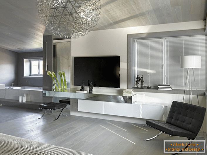 Charakteristickým znakem minimalistického stylu je použití jednobarevného materiálu pro čalounění nábytku a kovových chromovaných prvků.