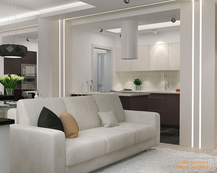 Malý obývací pokoj ve stylu minimalismu ve studiovém apartmánu. Funkčnost a přitažlivost interiéru v tomto stylu z něj dělá nenahraditelnou, pokud jde o uspořádání malého obytného prostoru.