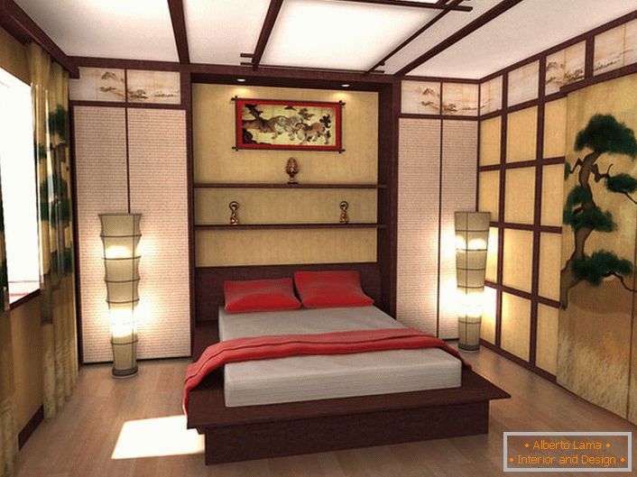 Designový projekt ložnice ve stylu japonského minimalismu je dílem absolventa Moskevské univerzity. Kompetentní kombinace všech detailů kompozice dělá ložnici elegantní a orientální v jemnosti.