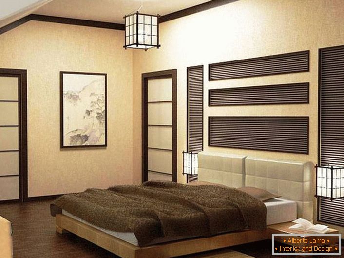 Pokoj ve stylu japonského minimalismu je zdoben béžovými a hnědými tóny. Pozornost přitahuje osvětlovací zařízení. Stropní lustr je vyroben v jednom provedení s nočními lampami. 