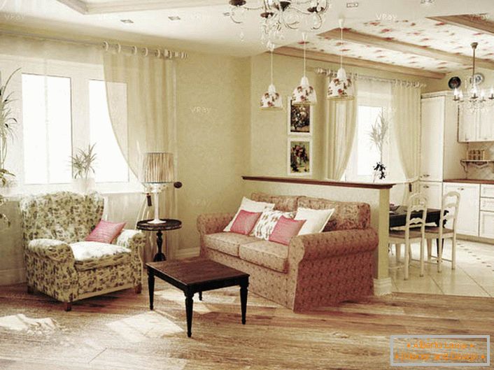 Projekt byl realizován na zakázku mladé dámy. Jemný, skromný interiér pro venkovský obývací pokoj ve stylu Provence.
