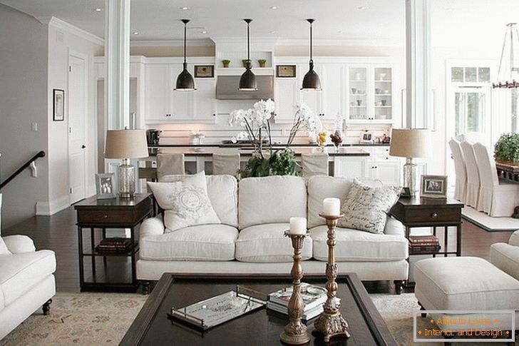 Návrh interiéru obývacího pokoje v bílých tónech