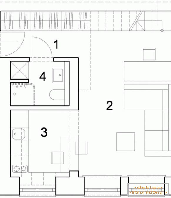 Dispozice první úrovně dvouúrovňového bytu