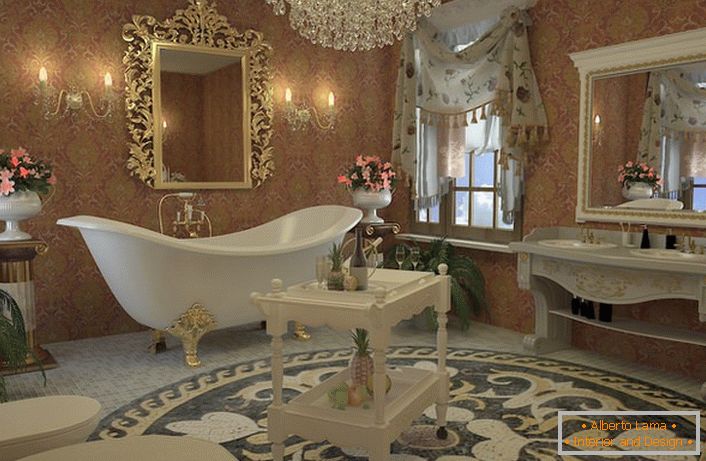 Designový projekt pro stylovou koupelnu v empírovém stylu. Vynikající koupelna na čtyřech vzorovaných, zlatých nohách, zrcadlo ve vyřezávaném rámu, lustr z horninového krystalu se dokonale hodí.