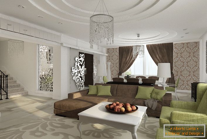 Luxusní obývací pokoj v empírovém stylu. Víceúrovňové stropy zdobí dobře zvolené osvětlení.