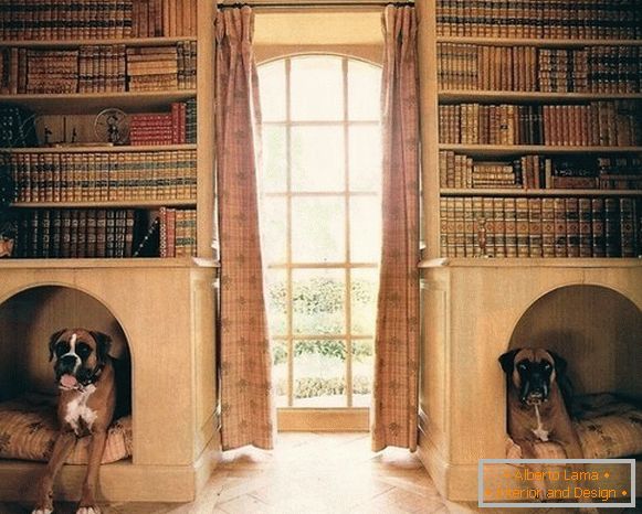 Stánek pro psy v knižních regálech