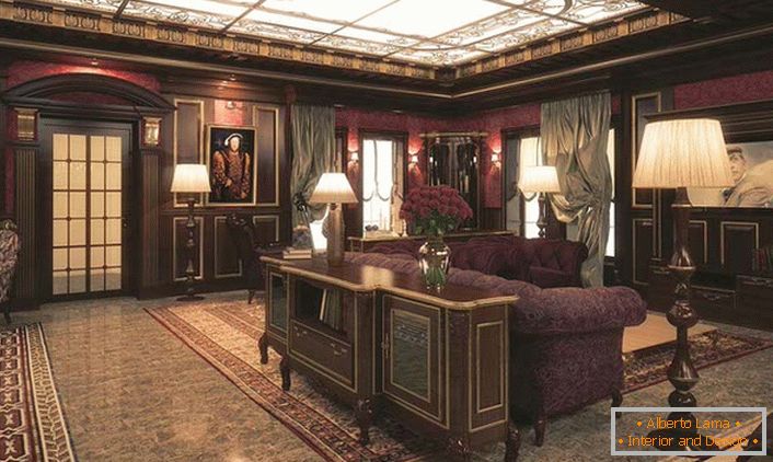 Prostorný obývací pokoj ve viktoriánském stylu elitního klubu s anglickými tradicemi.