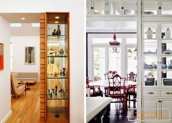Vestavěná skleněná vitrína pro obývací pokoj a kuchyň